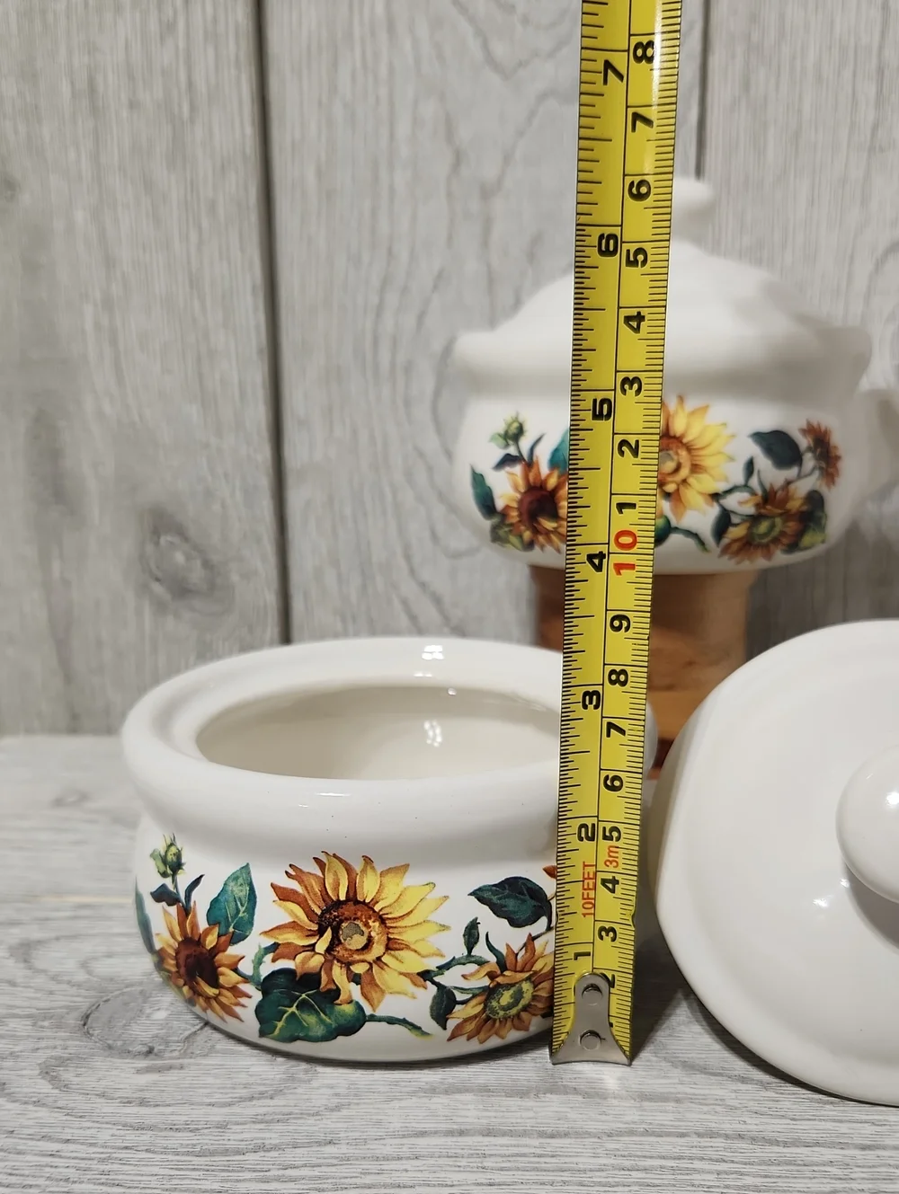 Vintage Sunflower Pattern Ceramic Long Handle Crocks With Lids